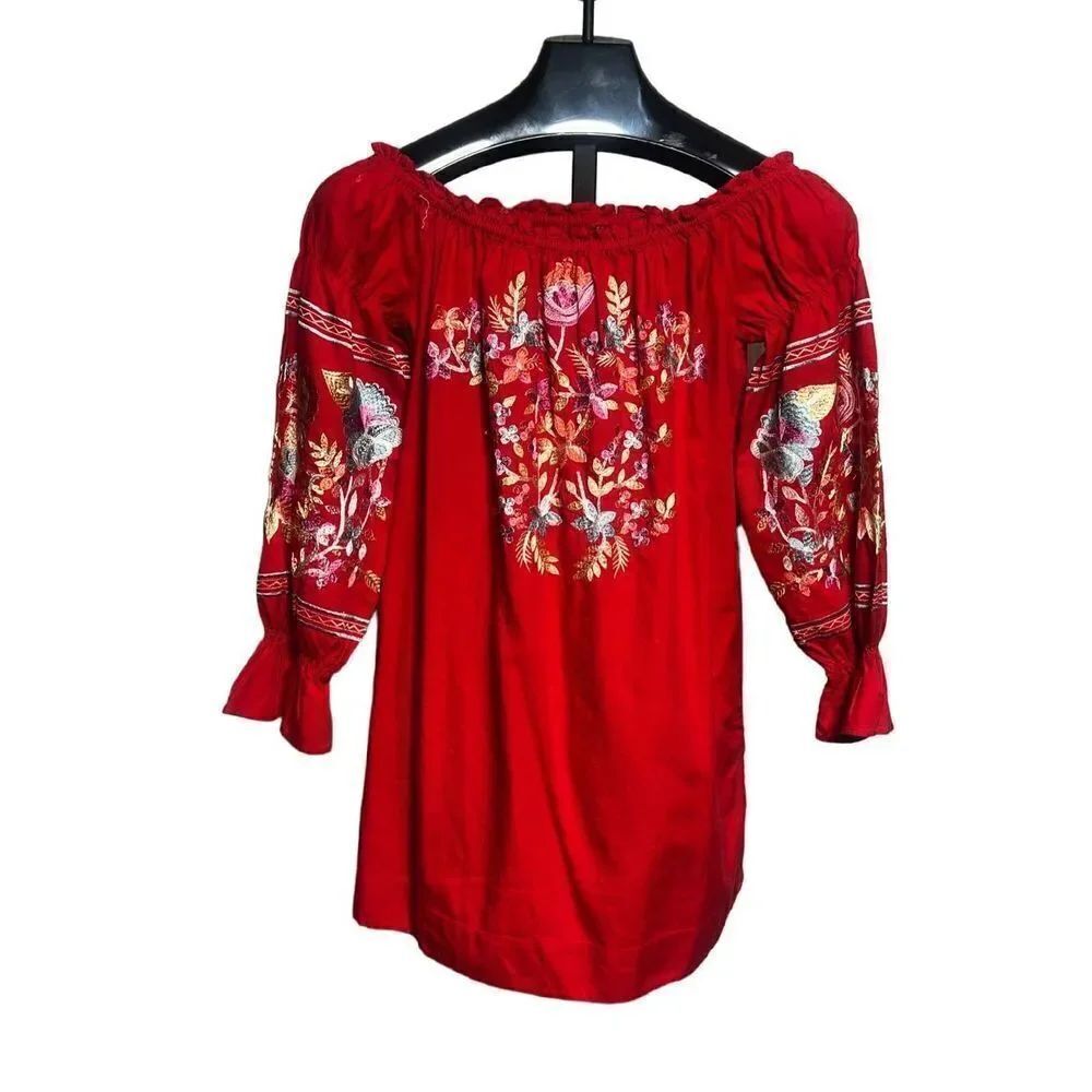 Free People Red Off The Shoulder Embroidered Long Sleeve Mini Dress Size XS